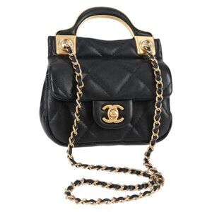 CHANEL Chain Pouch Shoulder Bag Lamb Skin Black Gold CC Auth 128104SM